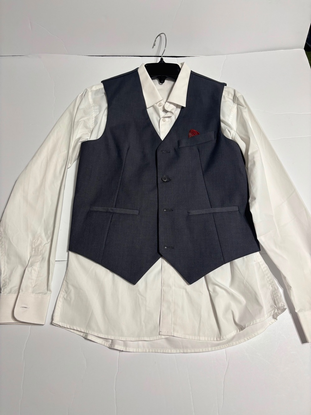 LPA Charcoal Gray Men's Dress Vest with White Shirt and Red Pocket Square
